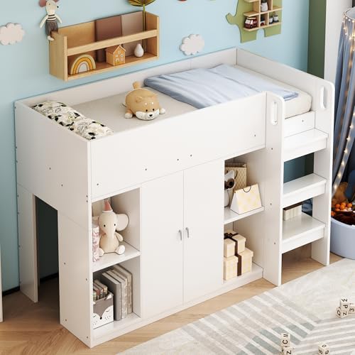 Doyisy Multifunktionales Hochbett 90 * 200 mit Stauraum, Schrank und Regalen – Kinderbett mit Leiter und Stabiler Konstruktion (Weiß) von Doyisy