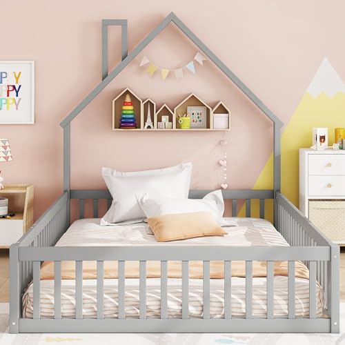 Doyisy Polsterbett, 140 x 200 cm, Kinderbett mit Schornsteinform, Bett mit Lattenrost (ohne Matratze), Kiefernholz, Minimalistischer Stil, Grau von Doyisy