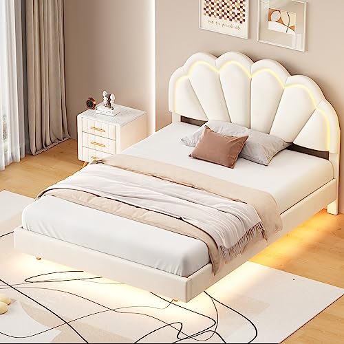 Doyisy Polsterbett 140 x 200 cm, Gepolsterter Schwebebett Rahmen mit LED-Leuchten und Kopfteildesign, flächiges Doppelbett-Gästebett in hautfreundlichem Samtstoff Beige von Doyisy