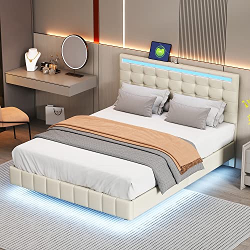 Doyisy Polsterbett 140 x 200 cm, gepolsterter Schwebebettrahmen mit LED-Leuchten und Kopfteildesign, flächiges Doppelbett-Gästebett in hautfreundlichem Leinen Beige von Doyisy