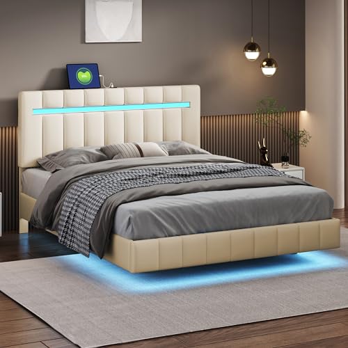 Doyisy Polsterbett 140 x 200 cm, gepolsterter Schwebebettrahmen mit LED-Leuchten und Kopfteildesign, flächiges Doppelbett-Gästebett in hautfreundlichem Leinen Beige von Doyisy