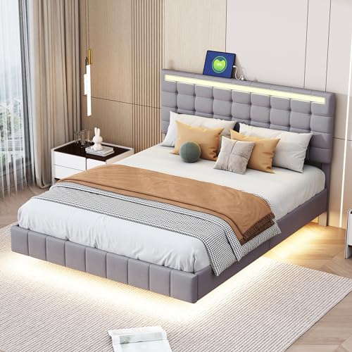 Doyisy Polsterbett 140 x 200 cm, gepolsterter Schwebebettrahmen mit LED-Leuchten und Kopfteildesign, flächiges Doppelbett-Gästebett in hautfreundlichem Leinen Grau von Doyisy