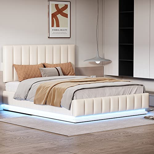 Doyisy Polsterbett 140 x 200 cm mit LED, Metalllattenrost & Bettkasten, Doppelbett mit höheverstellbarem Polsterkopfteil & hydraulischem Stauraum, Beige(ohne Matratze) von Doyisy