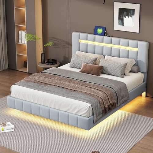 Doyisy Polsterbett 160 x 200 cm, gepolsterter Schwebebettrahmen mit LED-Leuchten und Kopfteildesign, flächiges Doppelbett-Gästebett in hautfreundlichem Leinen Grau von Doyisy