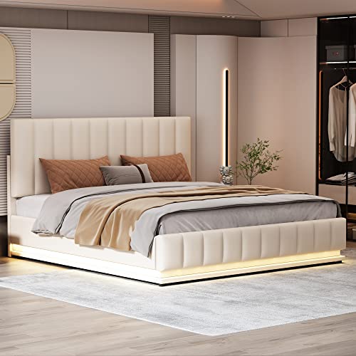 Doyisy Polsterbett 160 x 200 cm mit LED, Metalllattenrost & Bettkasten, Doppelbett mit höheverstellbarem Polsterkopfteil & hydraulischem Stauraum, Beige(ohne Matratze) von Doyisy