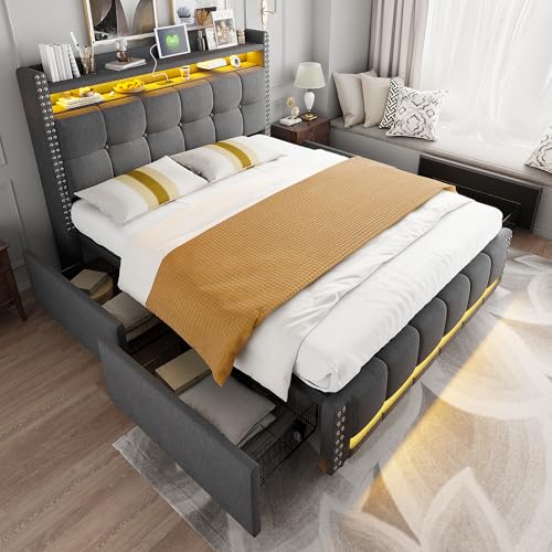 Doyisy Polsterbett 160x200 cm mit LED-Beleuchtung und USB-Steckdose, Kopfteil mit Ablagen und Stauraum mit 4 Schubladen, Doppelbett für Erwachsene, Leinenstoff Grau von Doyisy