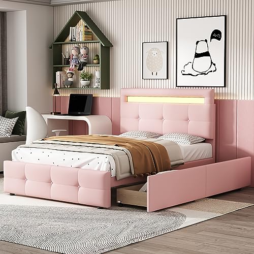 Doyisy Polsterbett 90 * 200cm mit LED-Leuchten, 2 Schubladen, hautfreundlicher Leinenpolsterung flach Einzelbett Kinderbett Jugendbett Gästebett (Rosa) von Doyisy