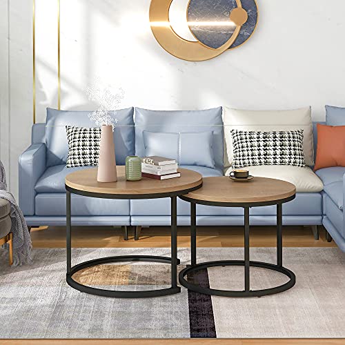 Doyisy Runder Couchtisch 2er Set Satz Couchtisch Wohnzimmer geschachtelter Beistelltisch 2 Runder Beistelltisch 70.5x50cm / 45.5x44cm (Eiche) von Doyisy