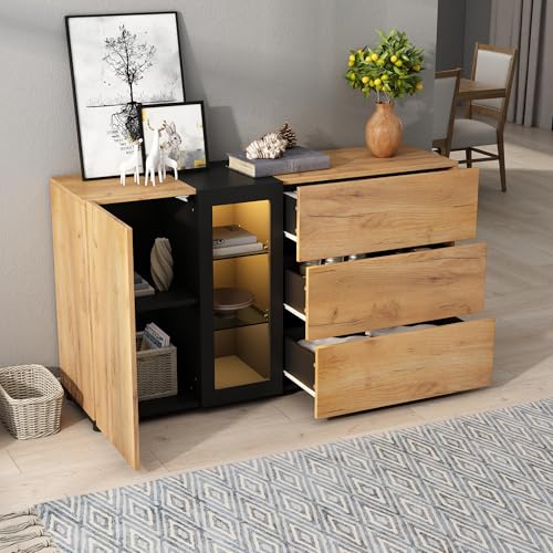Doyisy Sideboard, Modernes Anrichte Schrank Buffetschrank Sideboard mit 3 Schubladen,Accent Konsolentisch-Aufbewahrungsschrank mit Glas, 140x40x80cm von Doyisy