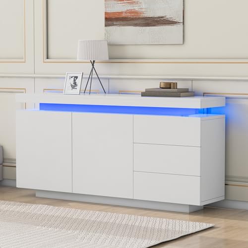 Doyisy Sideboard Schrank Modern Wohnzimmer Beistellschrank Standschrank Kommode Highboard Anrichte Möbel 2 Türen 3 Schubladen Hochglanz Sideboard mit LED Licht Grifflose 140x35x72.5cm - Weiß von Doyisy