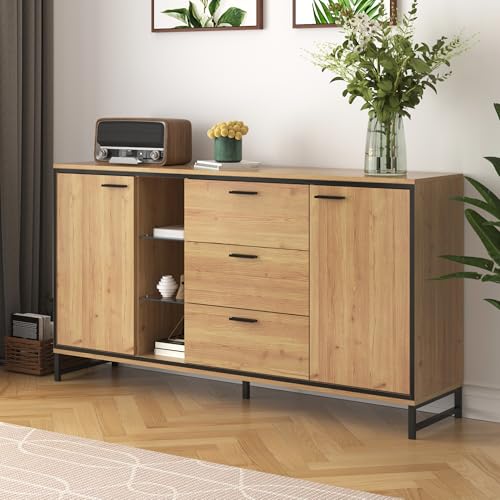 Doyisy Sideboard mit DREI Schubladen, Exquisite Maserung. Modernes Sideboard in Holzfarbe mit Ablagefächern – stilvolle und funktionale Wohnmöbel. Schwarz und Holzfarbe von Doyisy