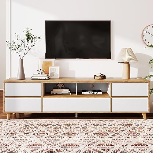 Doyisy TV-Schrank, Lowboard, Wohnzimmermöbel in Weiß und Holzfarben. Fächern und Türen im natürlichen Landhausstil 175 L x 37 B x 51H(cm) von Doyisy