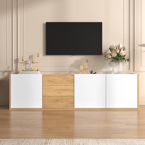 Doyisy TV-Schrank, niedriges Paneel in Weiß und Holzfarben, TV-Möbel, die an die Wand gehängt oder auf den Boden gestellt Werden können 171,5 L x 35 B x 47H(cm) von Doyisy