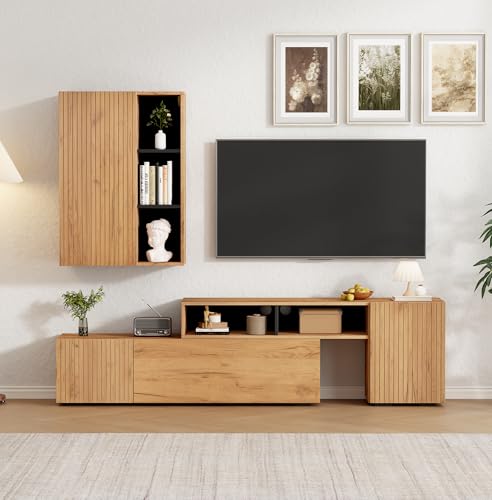 Doyisy TV Wohnwand-Set mit Vitrine (Komplett-Set, 2-St),Mediawand inkl.TV-Board -Set und Standregal,Flexible Länge TV-Schrank bis 265 cm,stehend&hängend,TV bis 120',Holzfarbe+Schwarz von Doyisy