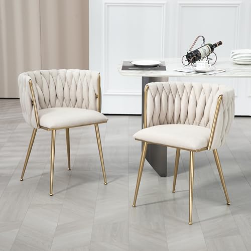 Doyisy Zweiteiliger Esszimmerstuhl, Metallrahmen, lässiger Esszimmerstuhl Sofastuhl Leinen gepolsterter Loungesessel (Eisenfüße) 2Stk/Set, Elfenbein von Doyisy