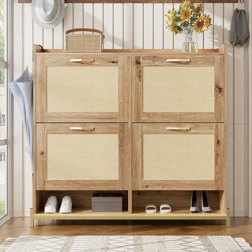 Eleganter Schuhschrank aus Holz mit Rattantüren – 4 Türen, Metallrahmen und oberes Regal für stilvolle und übersichtliche Aufbewahrung Eleganter Schuhschrank aus Holz mit Rattantüren – 4 Türen, Metallrahmen und oberes Regal für stilvolle und übersichtliche Aufbewahrung von Doyisy