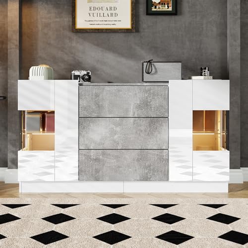 Elegantes Sideboard mit 2 Türen und 3 Schubladen – Hochglänzende weiße Fronten und Grauer Marmorlook, LED-Beleuchtung mit 16 Farben, 140 x 35 x 75 cm von Doyisy