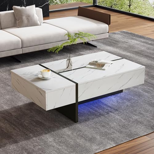 Moderner weißer Couchtisch mit LED-Beleuchtung, Marmormuster, Hochglanz Tischplatte 105x60x35cm Unregelmäßiges Design Couchtisch, Sideboard für Wohnzimmer von Doyisy