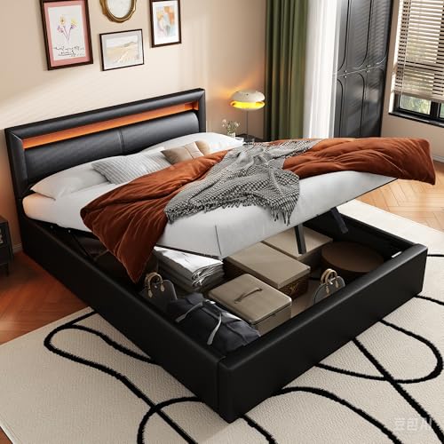 Polsterbett, LED-Bett, 140x200cm, mit Lattenrost und Stauraum, mit beleuchtetem Kopfteil in diversen Farben, Kopfteil & Kunstleder (Schwarz) von Doyisy