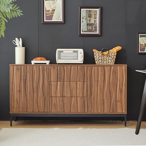 Sideboard 150cm Eiche dunkel gemasert, 3 Schubladen, großes Sideboard, Küchenschrank, Einteilige Aussparung, Mid Century Modern Dekorativer Schrank 150x40x80 cm (L x B x H) von Doyisy