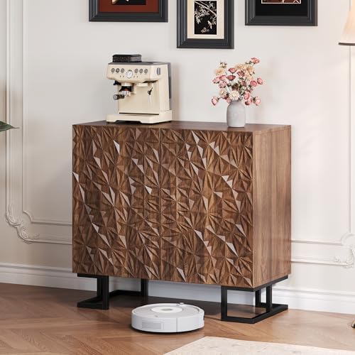 Sideboard Kommode 80×40×78 cm – Blattpoesie Serie–Dunkle Walnussoptik mit Blattrelief–Push-to-Open Türen, Metallfüße–Modernes Design für Wohnzimmer & Flur von Doyisy