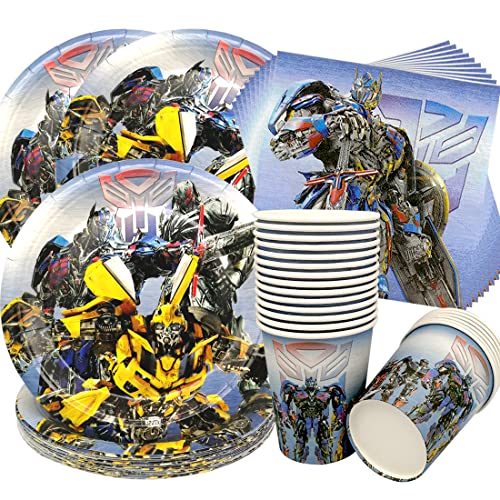 Doyomtoy 60Stück Transformator-Roboter Partygeschirr,Bumblebee und Optimus Prime Partyzubehör Pappteller Set, Set einschließlich Teller Becher Servietten zum babyparty,Jubiläums(20 Gäste) von Doyomtoy