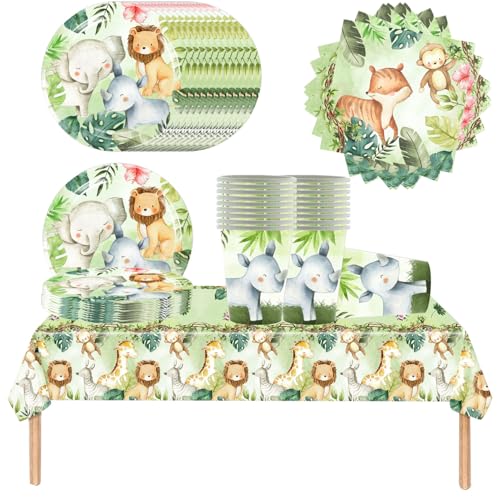 Doyomtoy 61 Pieces Cute Jungle Animals Kids Birthday Party Geschirr mit Tassen, Servietten, Teller und Tischdecken für alle Arten von Parteien, Camping, Hochzeiten, für 20 Gäste. von Doyomtoy
