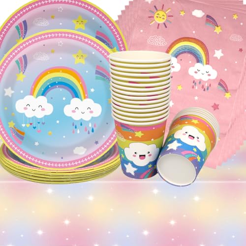 Regenbogen Geburtstag Deko,Doyomtoy 61 Stück Mädchen Partygeschirr Set Weiße Wolke Geburtstag Party Set Geburtstagsteller Tassen Servietten Regenbogen Geburtstags für Kinder Party von Doyomtoy