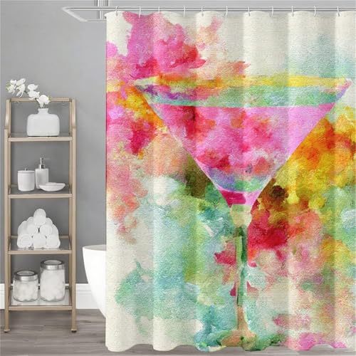 Duschvorhang 140x200 cm, Rosa Duschvorhang Weinglas Muster mit 12 Duschrollo Haken, Wasserdicht Shower Curtains, Beschwerter Saum, Waschbar Polyester Badevorhänge mit Ösen für Badezimmer Deko,Model328 von Dozsconz