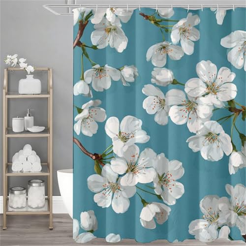 Duschvorhang 150x180 cm, WeißE Blumen Duschvorhang Filialen Muster mit 12 Duschrollo Haken, Wasserdicht Shower Curtains, Beschwerter Saum, Polyester Badevorhänge mit Ösen für Badezimmer Deko,Model307 von Dozsconz