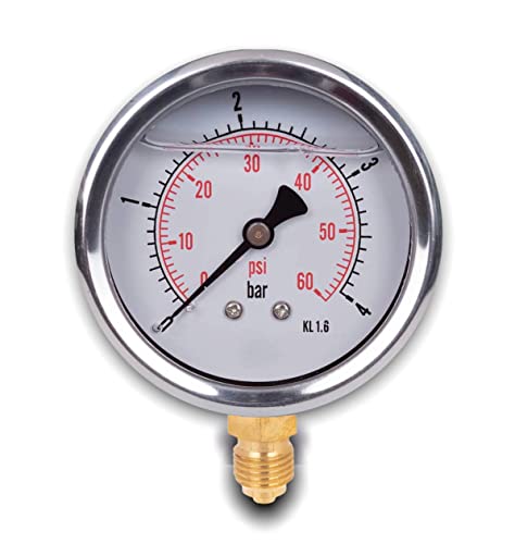 Glyzerin Manometer mit radialem Anschluss, IP65 Edelstahl 63 mm mit unterem Anschluss, 1/4 Glyzerin (0-4 bar) von Dpm tapes