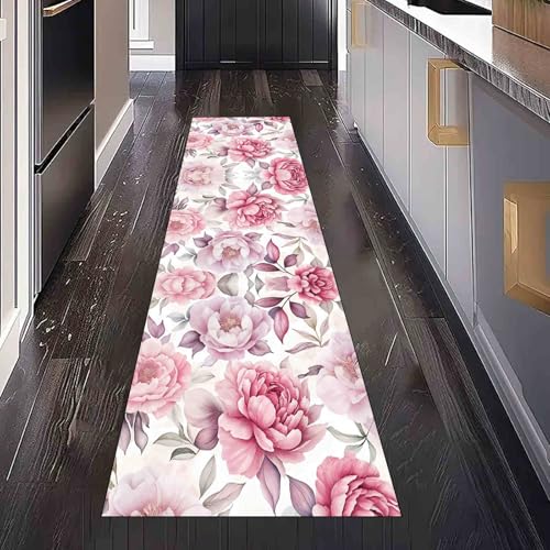 Dppyuxa Blühende Blumen Teppich Läufer Aquarell Pfingstrose Waschbar & rutschfest, Küchenteppich für Küche, Flur Flurteppich Lang Frühling Rose Küchenläufer Schmutzabweisend 80x200 cm von Dppyuxa