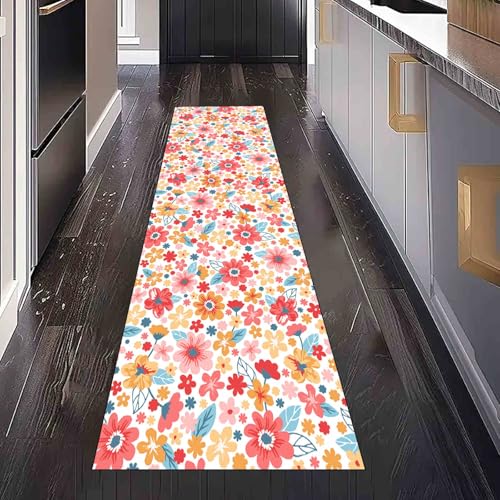 Dppyuxa Blumenpflanzen Geblümt Läufer Teppich Landhausstil Pflanze Küche & Flur, Rutschfester und Waschbarer Küchenläufer Dekoration Flurteppich Lang Niedlich Blatter Küchenteppich 60x240 cm von Dppyuxa