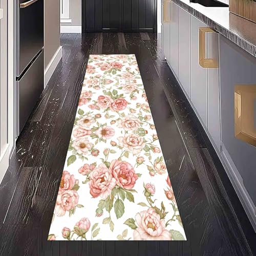 Dppyuxa Blumenpflanzen Rose Teppich Läufer Flur Botanisch Gänseblümchen Lang Waschbar und rutschfest Küchenläufer Landhausstil Blume Flurteppich für Küche & Eingangsbereich 60x150 cm von Dppyuxa