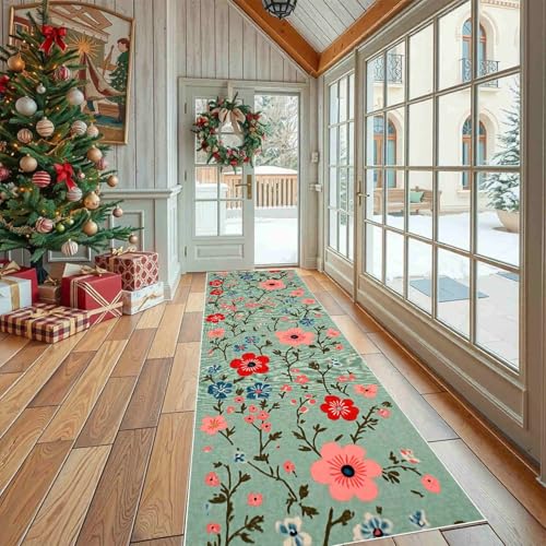 Dppyuxa Botanisch Blumen Teppich Läufer Flur Landhausstil Mohn Lang Waschbar und rutschfest Bauernhaus Wilde Blumen Küchenläufer Flurteppich für Küche & Eingangsbereich von Dppyuxa