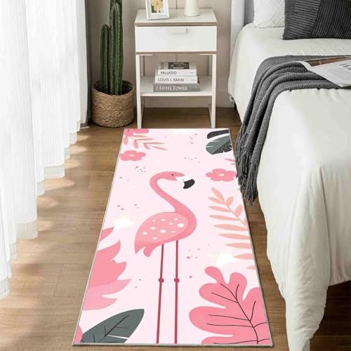 Dppyuxa Cartoon Flamingo Teppich Läufer Flur Niedlich Rosa Lang Waschbar und rutschfest Tropenpflanzen Blätter Küchenläufer Flurteppich für Küche & Eingangsbereich von Dppyuxa