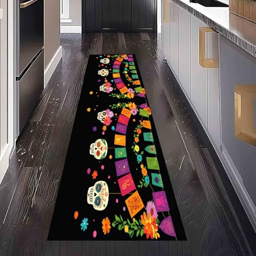 Dppyuxa Dia de los Muertos Schädel Läufer Teppich Halloween Blumen Küche & Flur, Rutschfester und Waschbarer Küchenläufer Dekoration Flurteppich Lang Feiertag Girlande Küchenteppich 60x240 cm von Dppyuxa