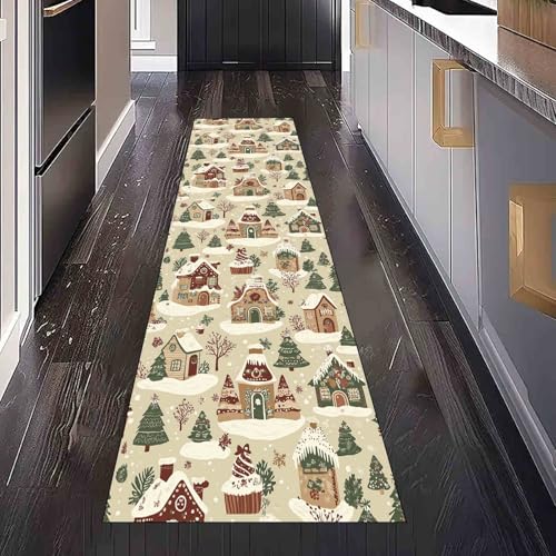 Dppyuxa Feiertag Lebkuchen Küchenläufer Winter Schnee Waschbar und rutschfest Teppich Läufer für Küche und Flur Cartoon Weihnachtsdeko Küchenteppich Maschinenwaschbar Schmutzabweisend 60x120 cm von Dppyuxa