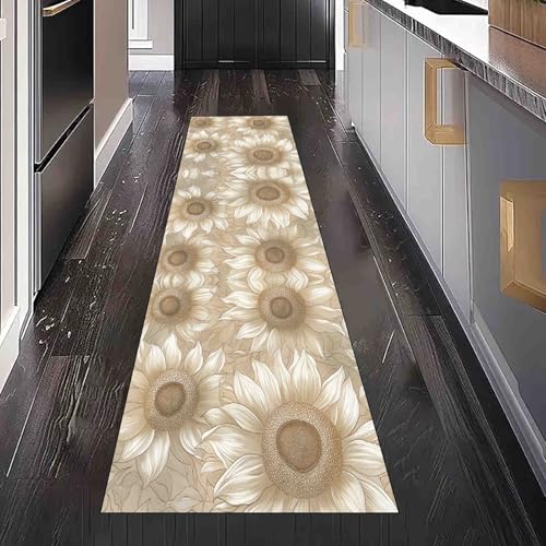Dppyuxa Flurteppich Läufer Bauernhaus Sonnenblume rutschfest und Waschbar, Teppich Lang für Flur und Küche Landhausstil Blumen Küchenteppich Rustikal Geblümt Teppich Maschinenwaschbar 60x180 cm von Dppyuxa