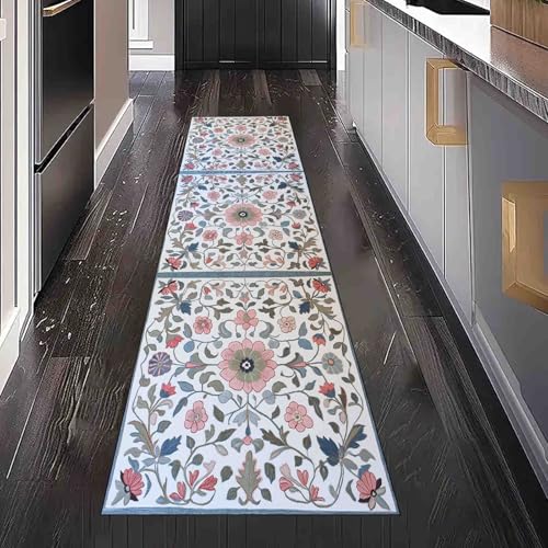 Dppyuxa Flurteppich Läufer Damast Blumenmuster rutschfest und Waschbar, Teppich Lang für Flur und Küche Barock Geblümt Küchenteppich Retro Ranke Teppich Maschinenwaschbar 60x180 cm von Dppyuxa