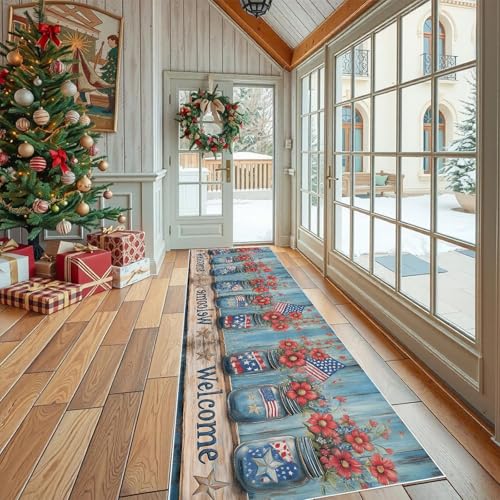 Dppyuxa Flurteppich Läufer Landhaus Willkommen Lang und rutschfest Rustikal Blumen Küchenläufer Waschbar, Teppich Amerikanisch Holz für Küche, Waschküche, Eingang, Maschinenwaschbar 60x210 cm von Dppyuxa
