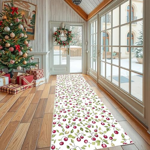 Dppyuxa Flurteppich Läufer Obst Kirschemuster Lang und rutschfest Botanisch Blatt Küchenläufer Waschbar, Teppich Natur Pflanzen für Küche, Waschküche, Eingang, Maschinenwaschbar 60x210 cm von Dppyuxa