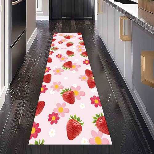 Dppyuxa Früchte Erdbeere Läufer für Küche Flur Frühling Blume Rutschfester Teppich Waschbar, Küchenläufer Maschinenwaschbar Flurteppich Lang Süß Rosa Küchenteppich 80x240 cm von Dppyuxa
