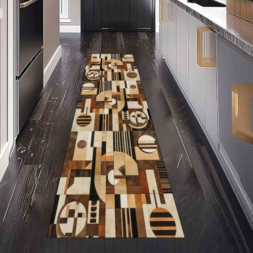 Dppyuxa Geometrie Kreisform Teppich Läufer Retro Quadrat Waschbar & rutschfest, Küchenteppich für Küche, Flur Flurteppich Lang Abstrakt Linie Küchenläufer Schmutzabweisend 80x200 cm von Dppyuxa