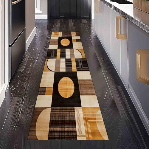 Dppyuxa Geometrie Quadrat Waschbarer Küchenläufer Modern Kreisform rutschfest Teppich für Küche und Flur Langer Flurteppich Retro Karierte Küchenteppich Maschinenwaschbar 80x180 cm von Dppyuxa