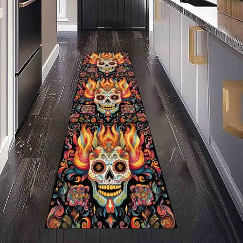 Dppyuxa Horror Schädel Flurteppich Läufer Psychedelisch Flamme rutschfest und Waschbar, Teppich Lang für Flur und Küche Küchenteppich Floral Blume Teppich Maschinenwaschbar 60x180 cm von Dppyuxa