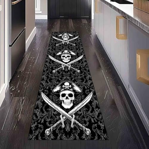 Dppyuxa Horror Schädel Küchenläufer Gothic Skelett Waschbar und rutschfest Teppich Läufer für Küche und Flur Piratenschiff Totenkopf Küchenteppich Maschinenwaschbar Schmutzabweisend 60x120 cm von Dppyuxa