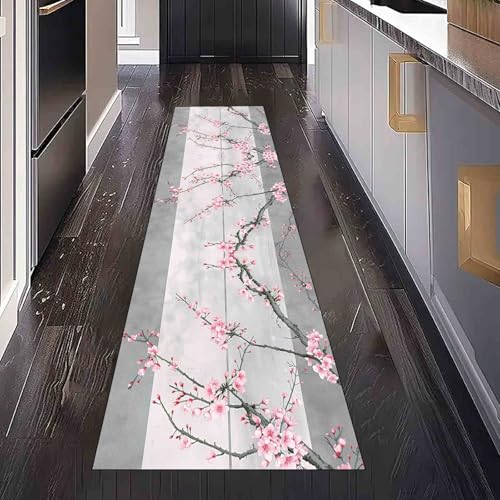 Dppyuxa Japanische Kirschblüten Teppich Läufer Flur Natur Holzbrett Lang Waschbar und rutschfest Küchenläufer Pastoral AST Flurteppich für Küche & Eingangsbereich 60x150 cm von Dppyuxa