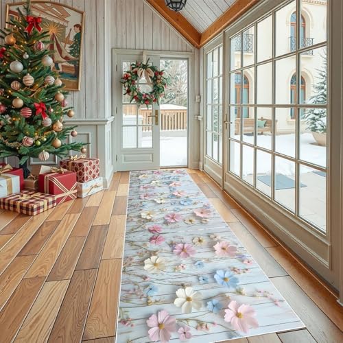 Dppyuxa Küchenläufer D Stil Blume Waschbar rutschfest Shabby Chic Holz Teppich Läufer für Küche und Flur Süß Geblümt Küchenteppich Maschinenwaschbar Schmutzabweisend für Eingang 80x300 cm von Dppyuxa