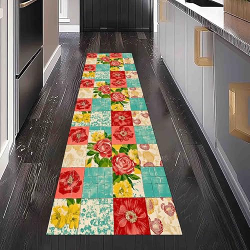 Dppyuxa Küchenläufer Landhausstil Blumen Waschbar und rutschfest Patchwork Muster Teppich Läufer für Küche und Flur Bunt Quadrat Küchenteppich Maschinenwaschbar Schmutzabweisend 80x300 cm von Dppyuxa